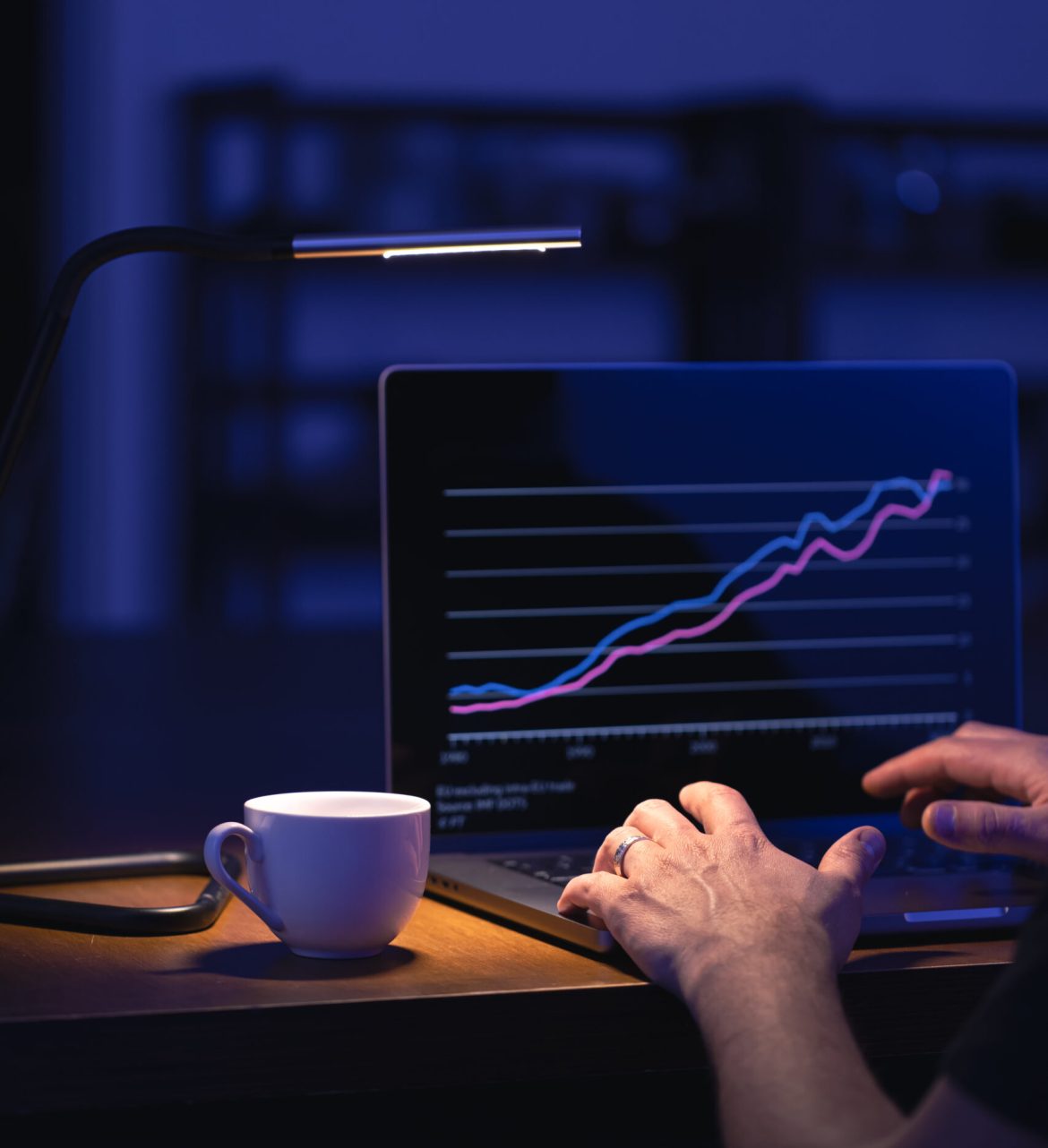 Business man stock exchange trader broker looking at screen. Investor manager analyzing financial chart. Trading online investment data price crypto currency market graph.